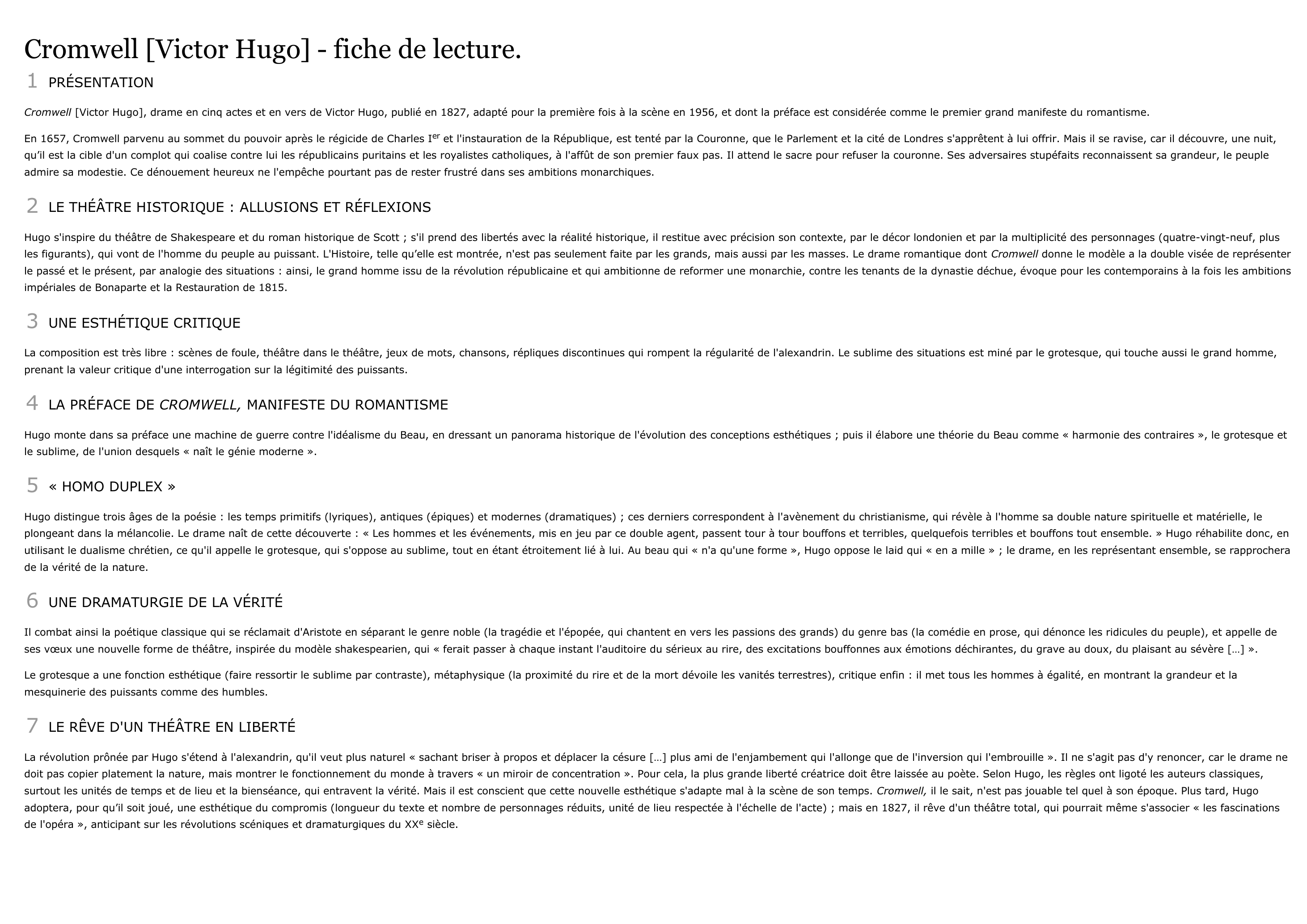 Prévisualisation du document Fiche de lecture : PRÉFACE DE CROMWELL de Victor Hugo