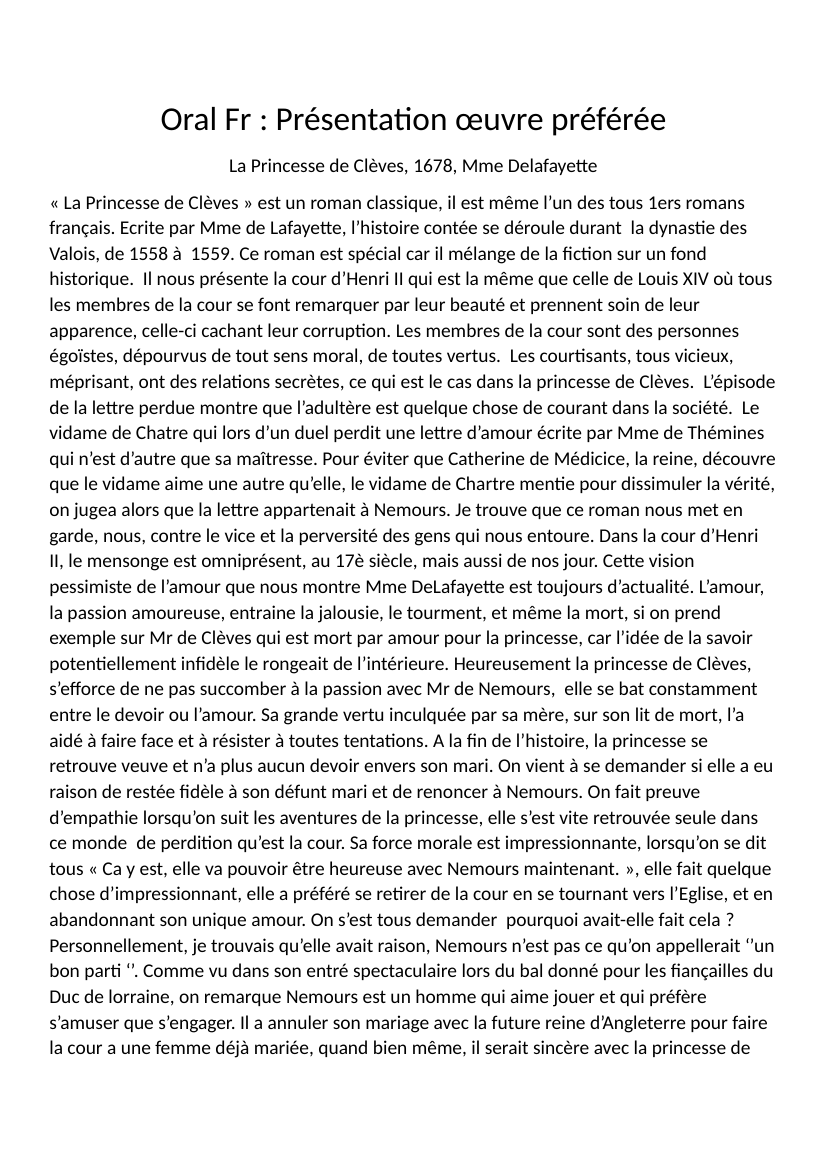 Prévisualisation du document Fiche de lecture Princesse de Clèves De Lafayette