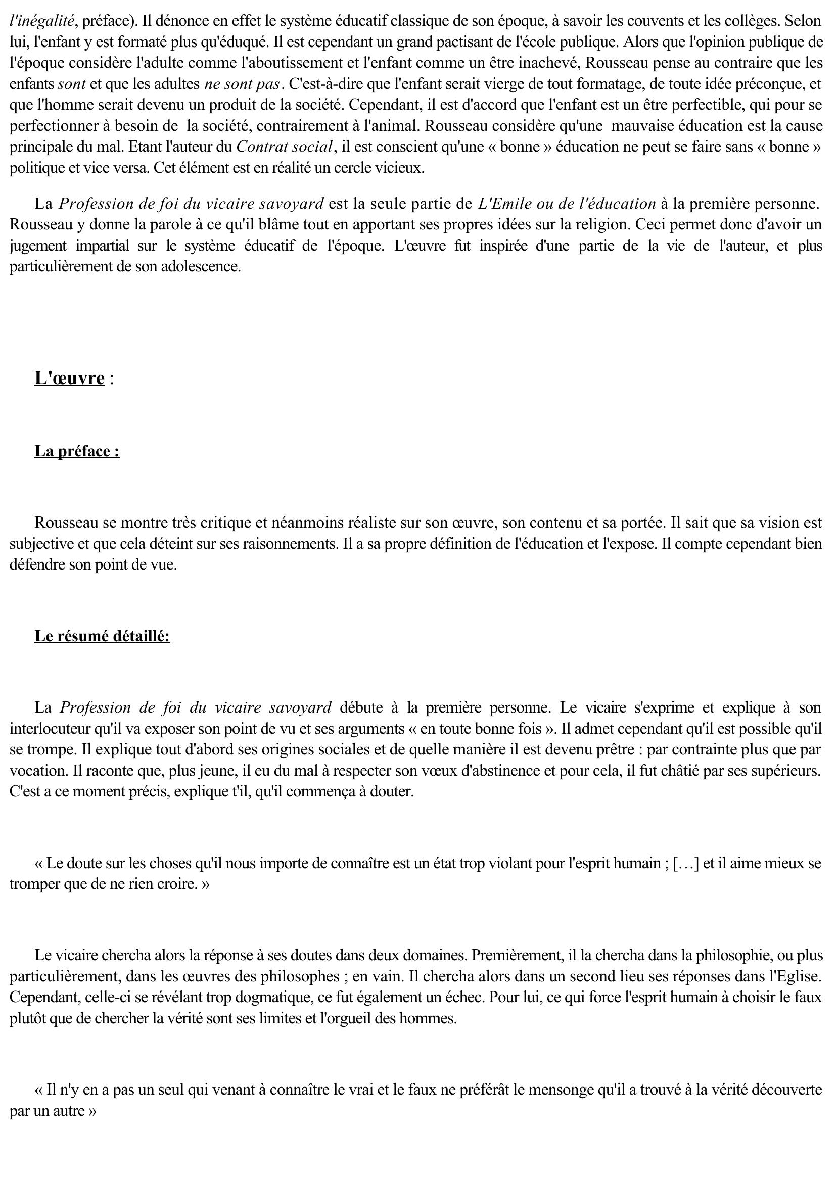 Prévisualisation du document Fiche de lecture : Profession de foi du vicaire savoyard, Jean Jacques Rousseau