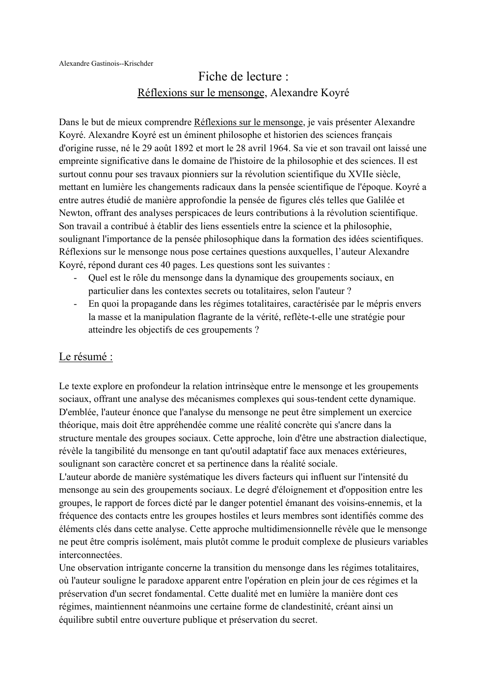 Prévisualisation du document Fiche de lecture Réflexions sur le mensonge, Alexandre Koyré
