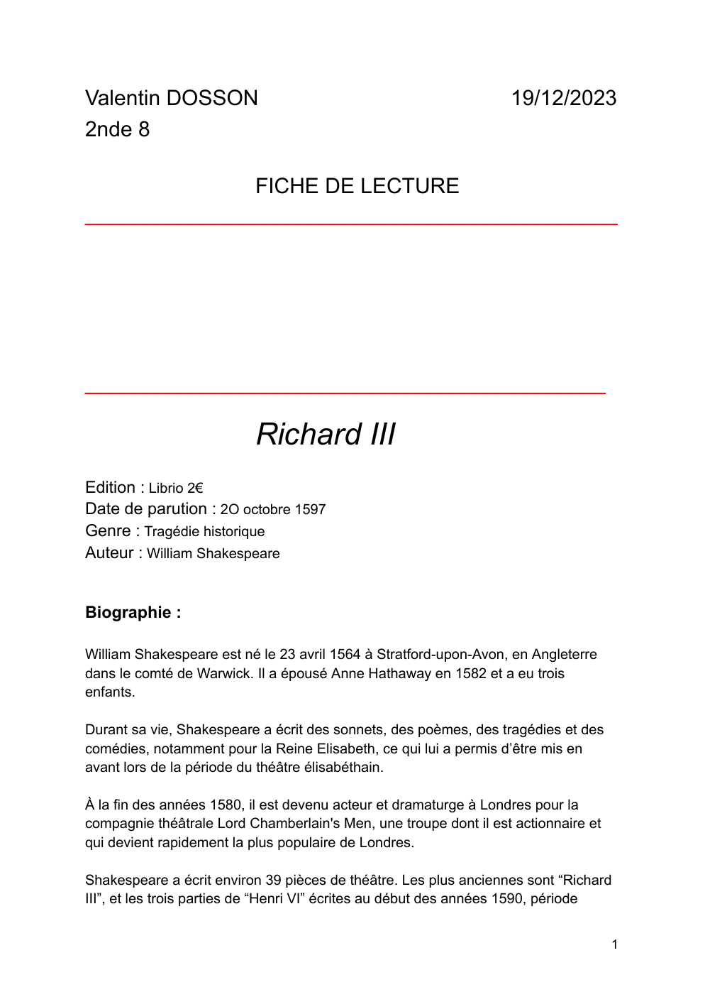 Prévisualisation du document fiche de lecture Richard III Auteur : William Shakespeare