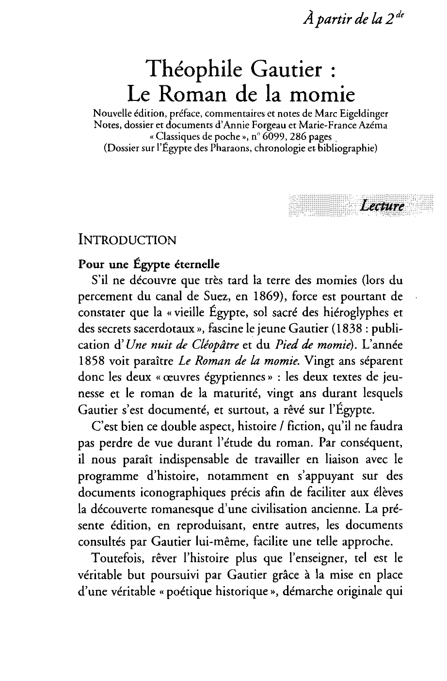 Prévisualisation du document Fiche de lecture : ROMAN DE LA MOMIE (Le)    Théophile Gautier
