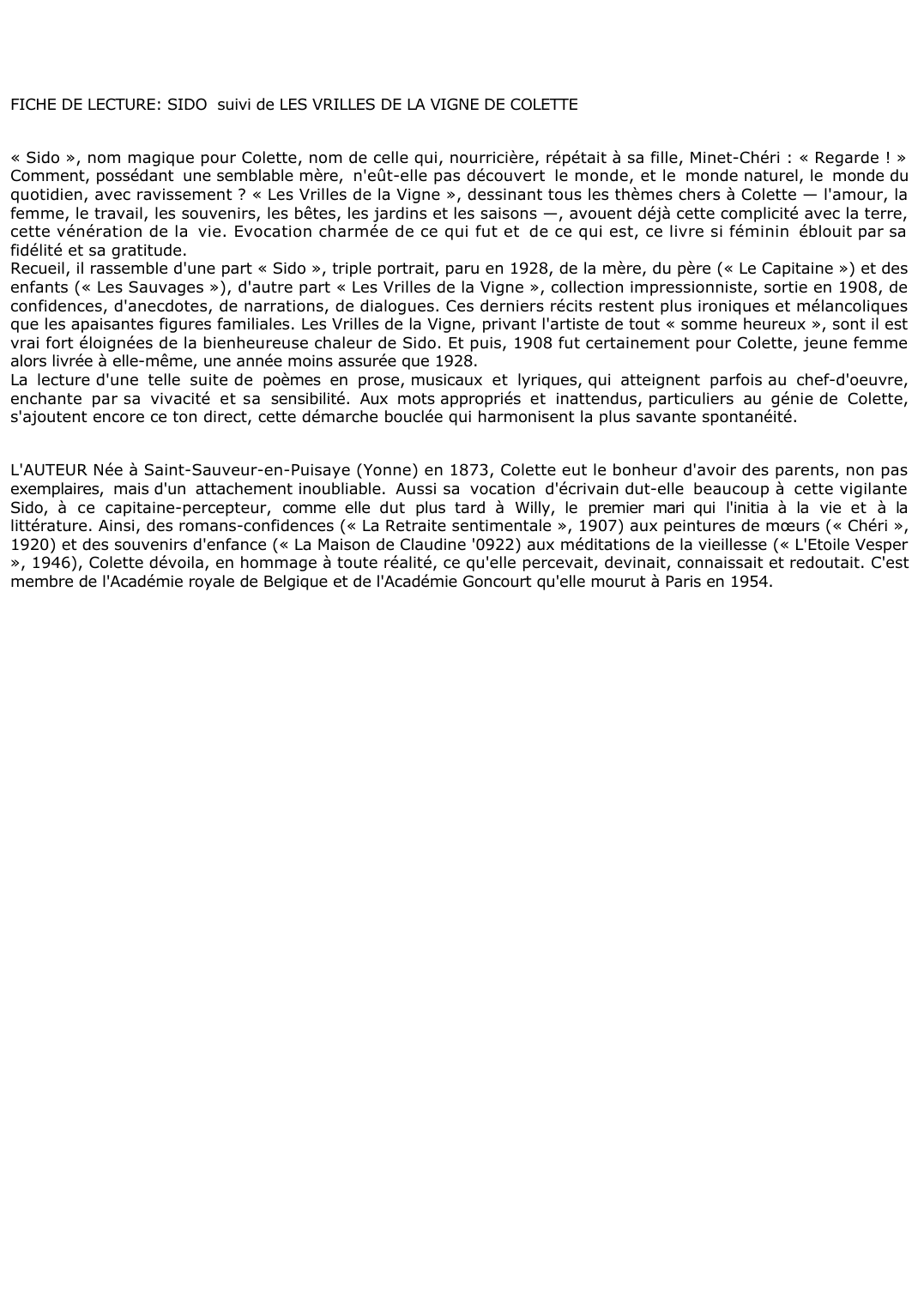 Prévisualisation du document FICHE DE LECTURE: SIDO  suivi de LES VRILLES DE LA VIGNE DE COLETTE