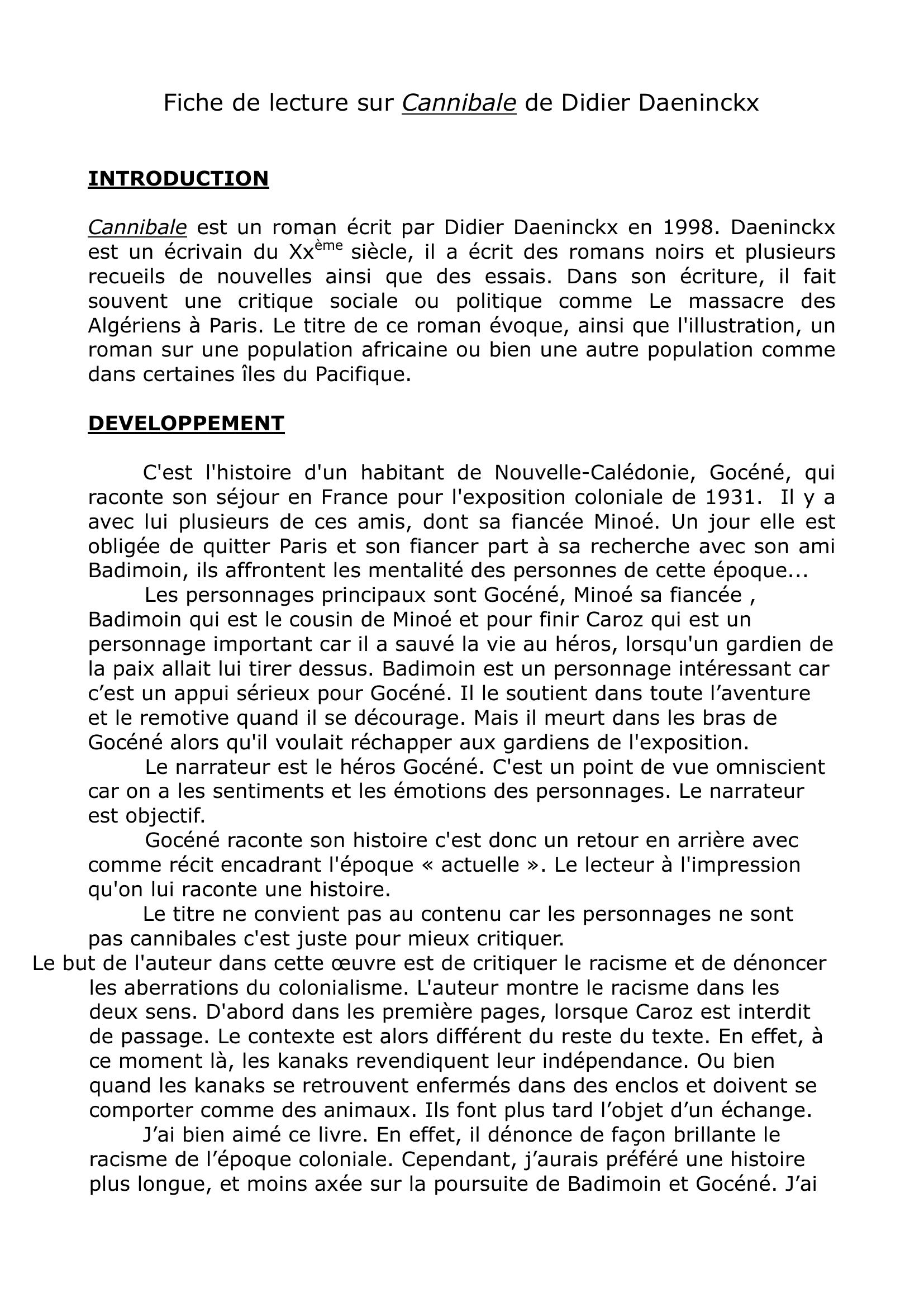 Prévisualisation du document Fiche de lecture sur Cannibale de Didier Daeninckx