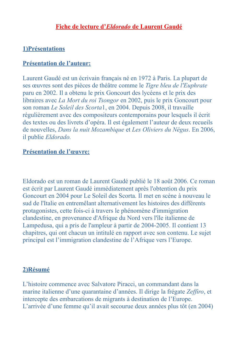 Prévisualisation du document Fiche de lecture sur Eldorado de Laurent Gaudé