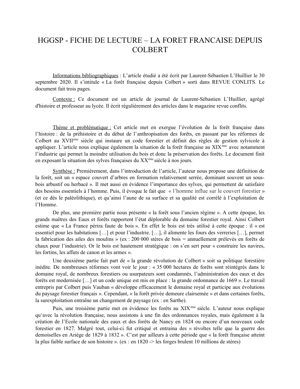 Prévisualisation du document Fiche de lecture sur l'article « La forêt française depuis Colbert » de Laurent-Sébastien L’Huillier