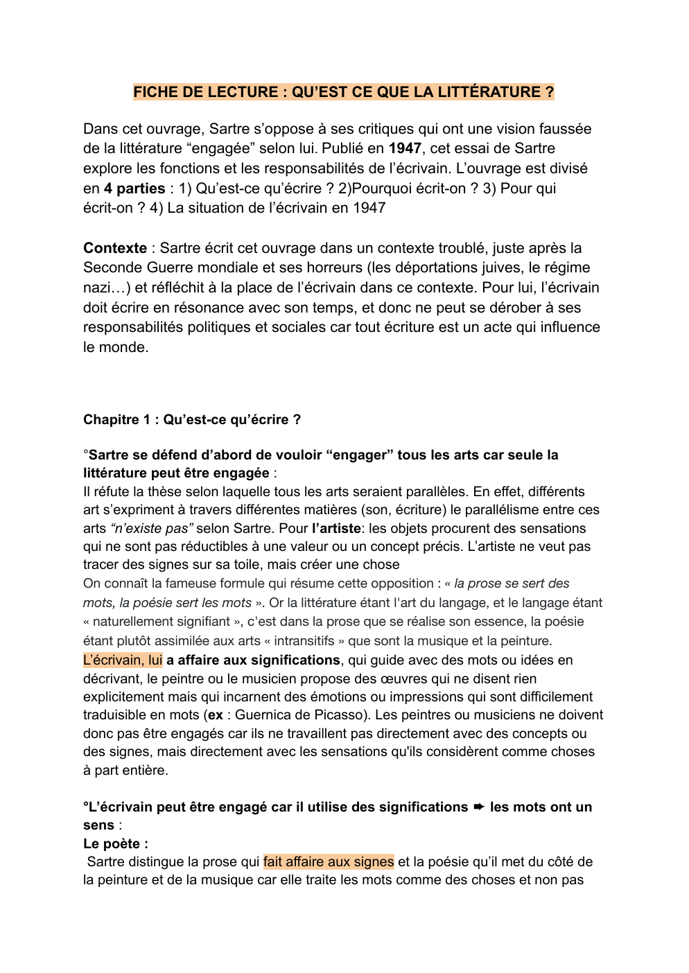 Prévisualisation du document Fiche de lecture sur le chapitre 1 de Qu’est ce que la littérature, Sartre