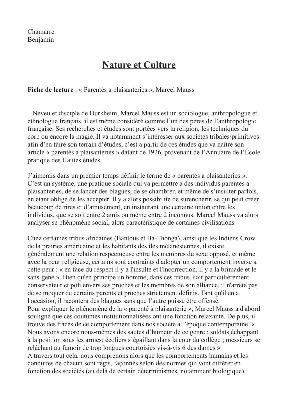 Prévisualisation du document fiche de lecture sur le texte de Mauss Nature et Culture Fiche de lecture : « Parentés a plaisanteries », Marcel Mauss