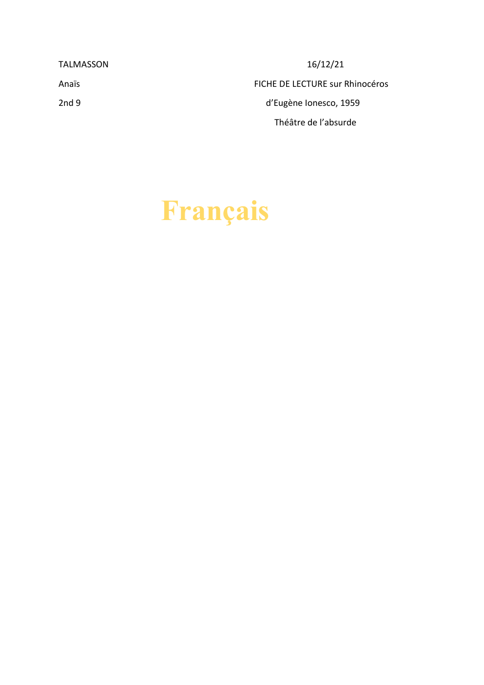 Prévisualisation du document FICHE DE LECTURE sur Rhinocéros d’Eugène Ionesco, 1959 Théâtre de l’absurde