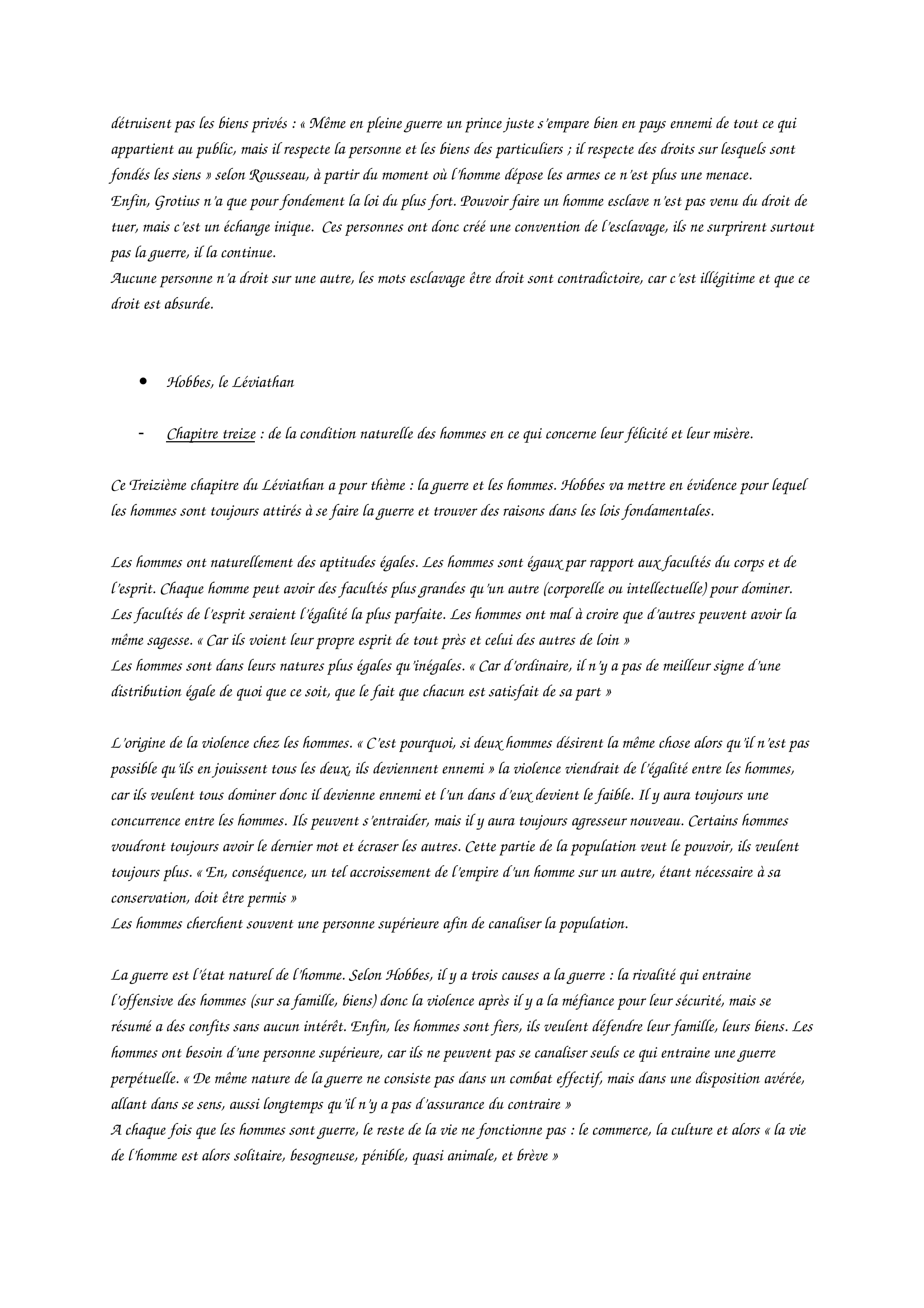 Prévisualisation du document fiche de lecture sur Rousseau, du contrat social chapitre 1 et 4, Hobbes le léviathan chapitre 13 et 14