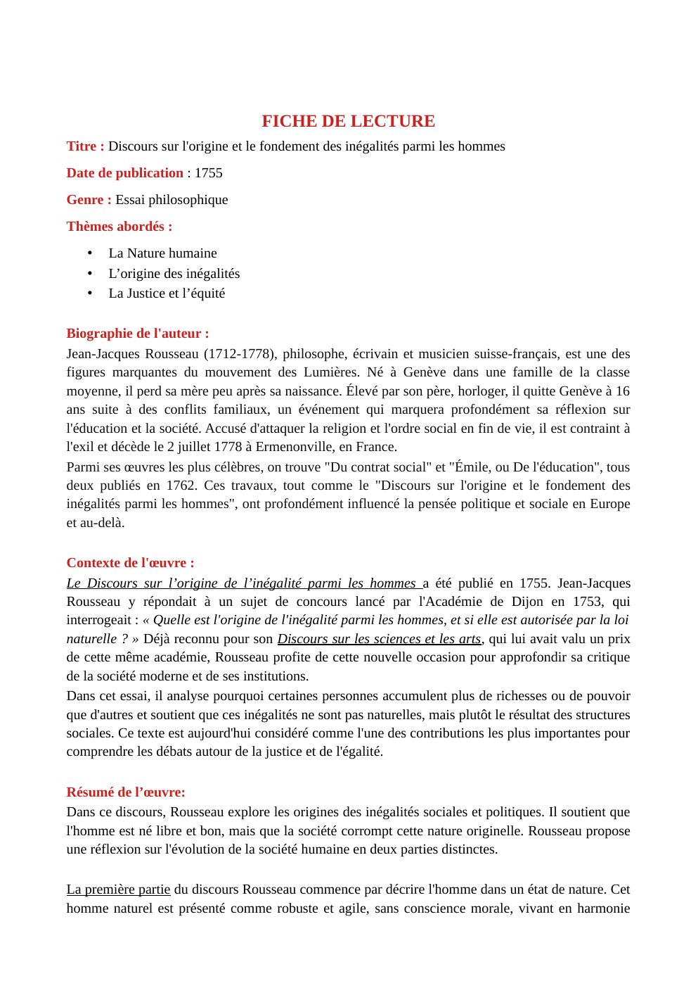 Prévisualisation du document FICHE DE LECTURE Titre : Discours sur l'origine et le fondement des inégalités parmi les hommes