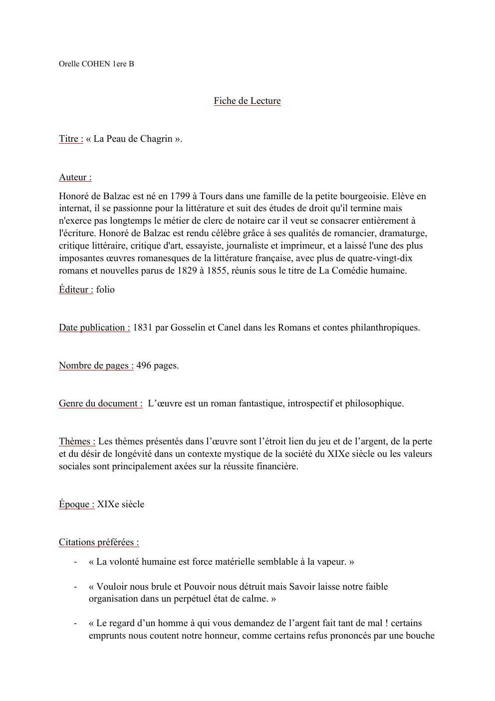 Prévisualisation du document Fiche de Lecture  Titre : « La Peau de Chagrin ».  Auteur : Honoré de Balzac
