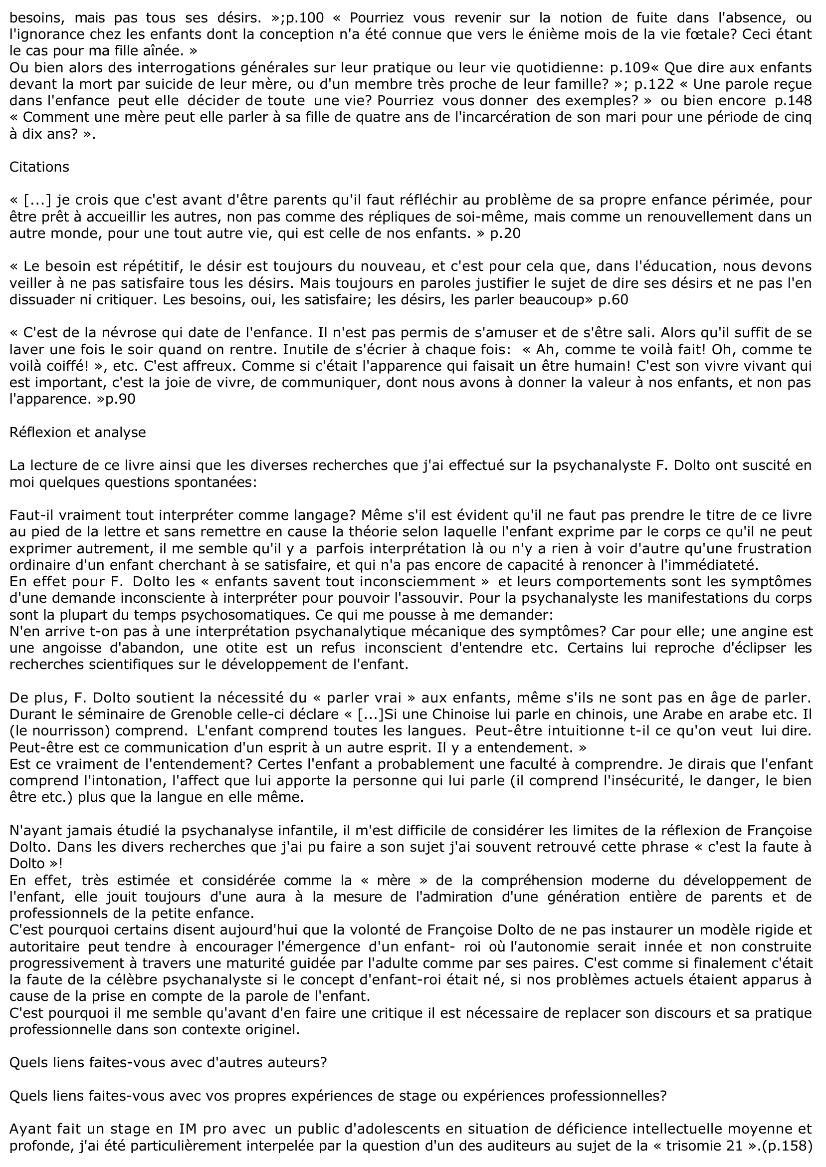 Prévisualisation du document FICHE DE LECTURE : « Tout est langage » - Françoise DOLTO