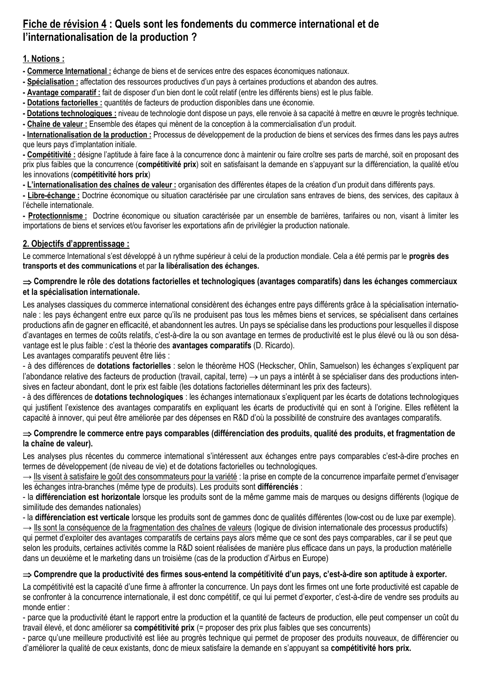 Prévisualisation du document Fiche de révision 4 : Quels sont les fondements du commerce international et de l’internationalisation de la production ?