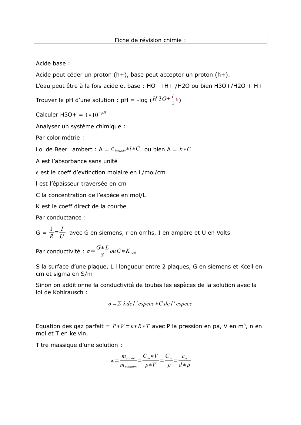 Prévisualisation du document fiche de révision chimie