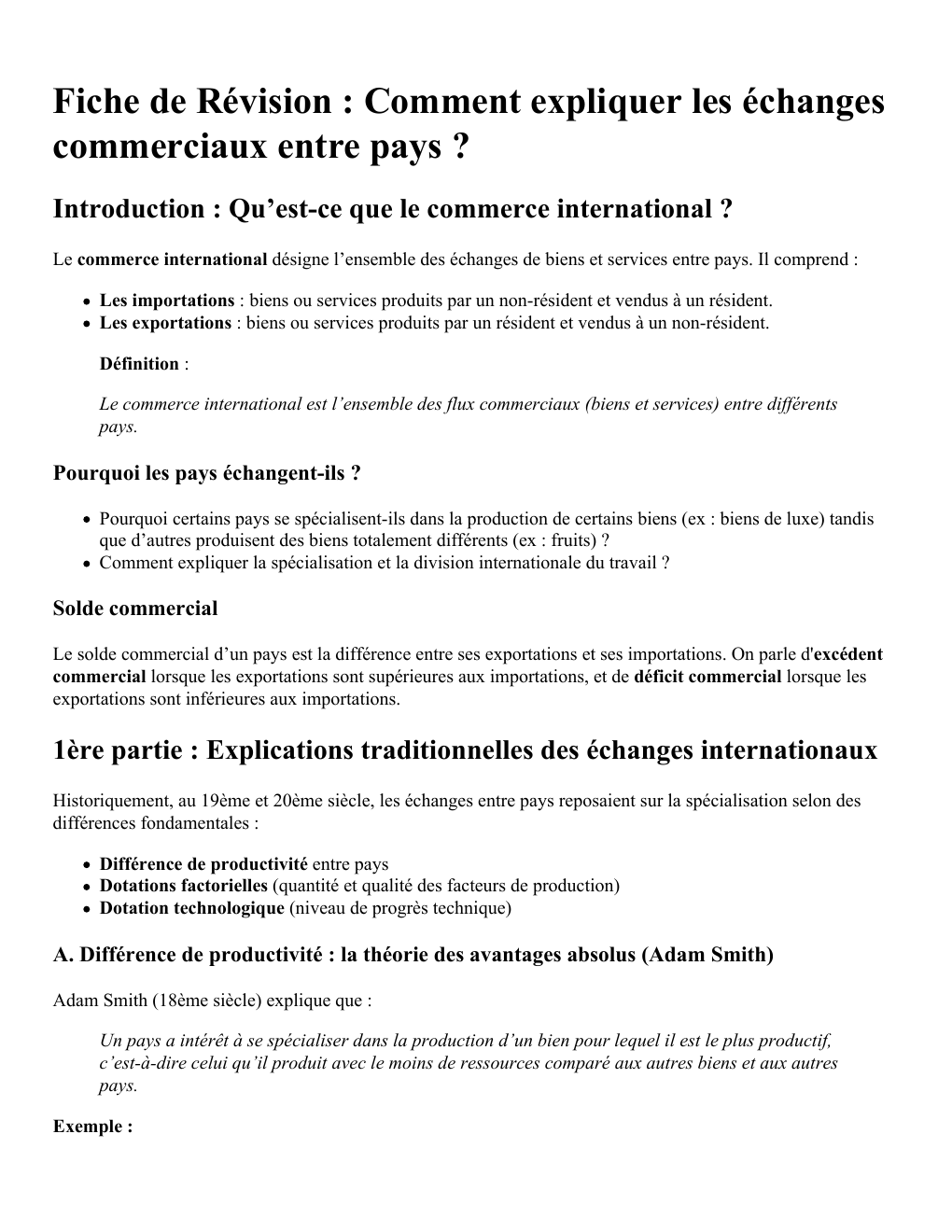 Prévisualisation du document Fiche de Révision : Comment expliquer les échanges commerciaux entre pays ?