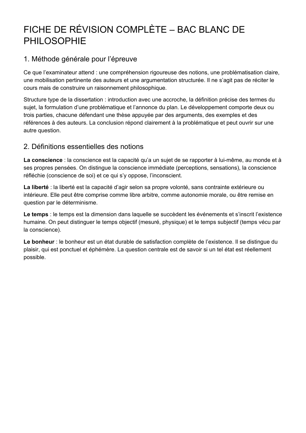 Prévisualisation du document FICHE DE RÉVISION COMPLÈTE – BAC BLANC DE PHILOSOPHIE