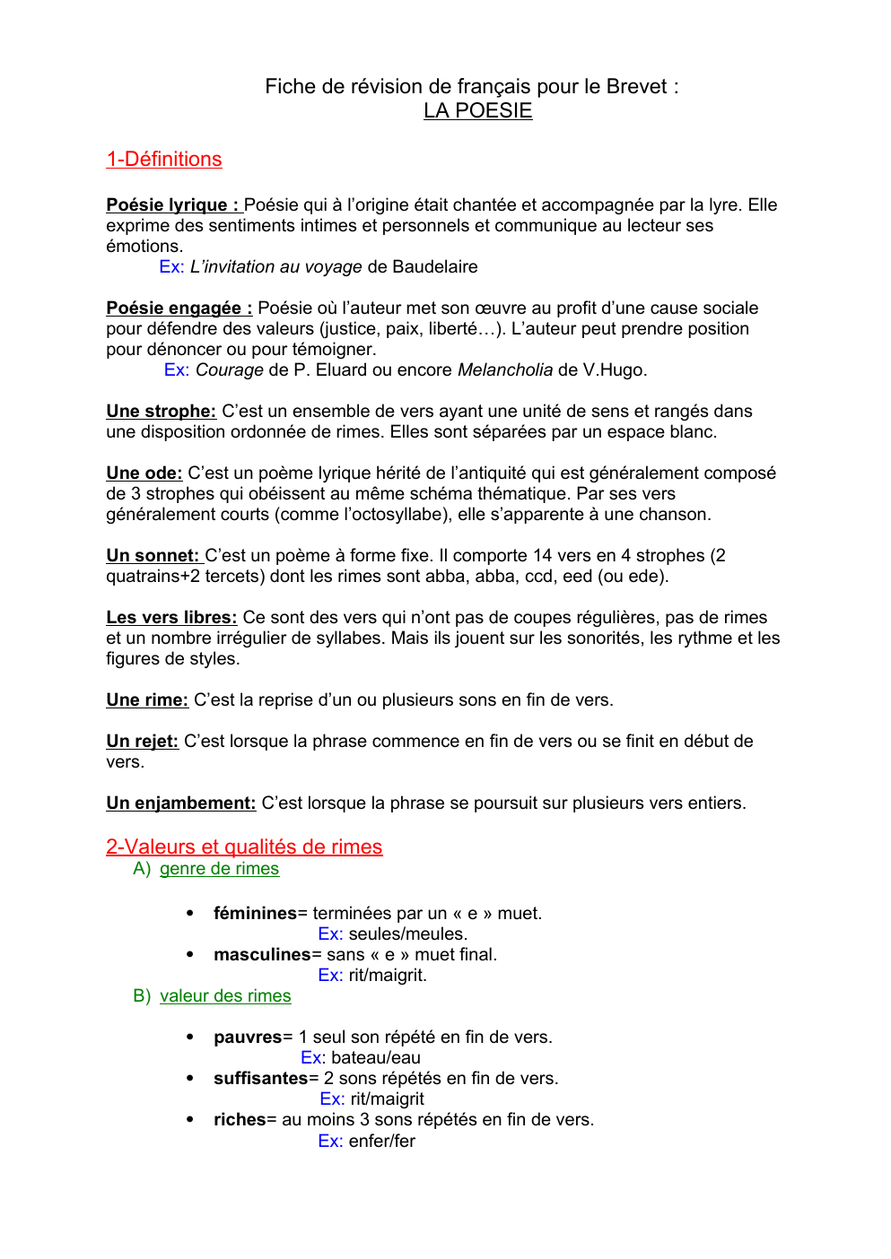 Prévisualisation du document Fiche de révision de français pour le Brevet : LA POESIE