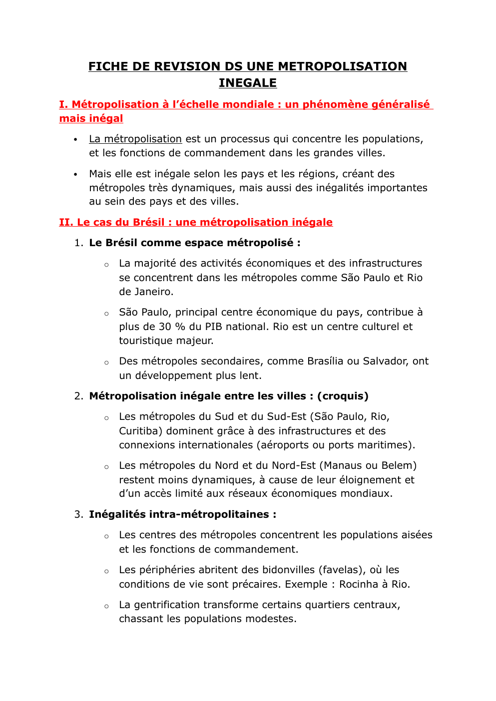 Prévisualisation du document FICHE DE REVISION DS UNE METROPOLISATION INEGALE