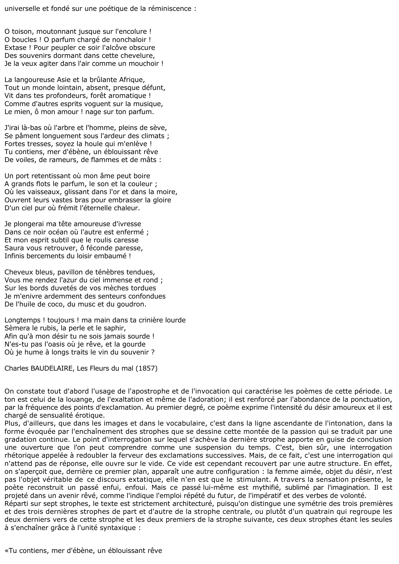 Prévisualisation du document Fiche de révision: La CHEVELURE de Baudelaire