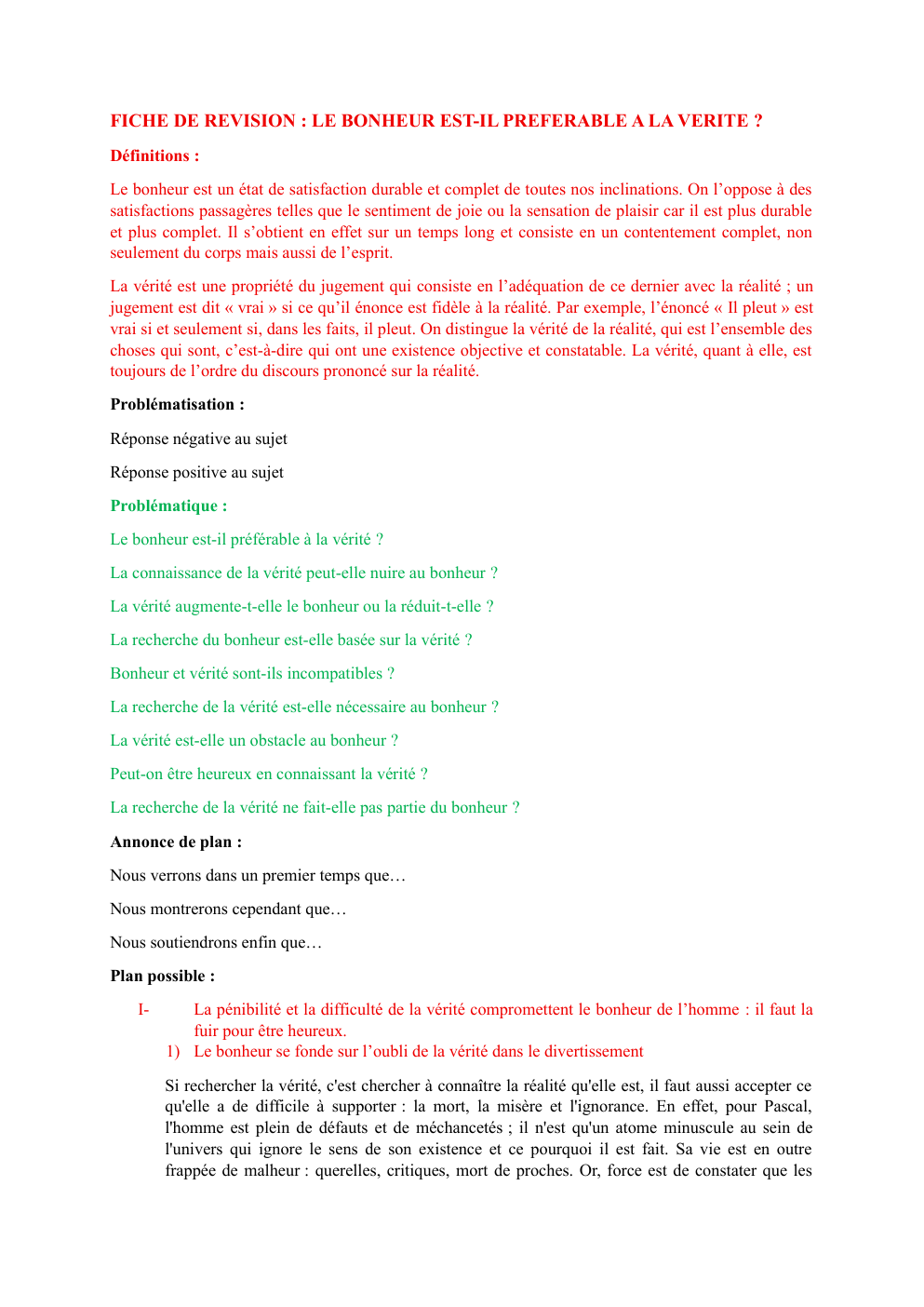 Prévisualisation du document Fiche de révision Le bonheur est-il préférable à la vérité