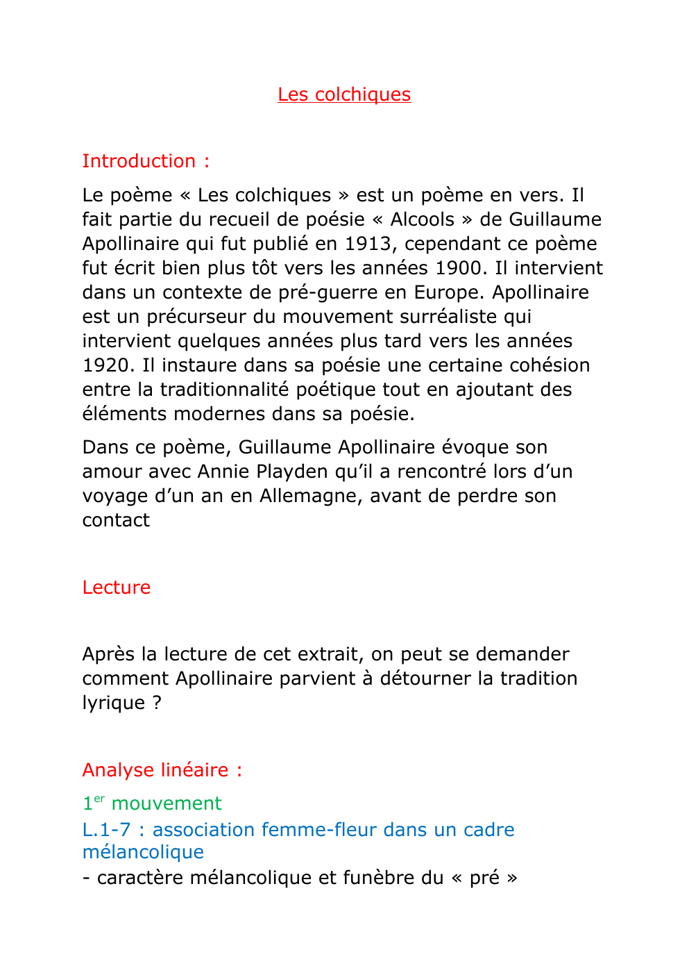 Prévisualisation du document Fiche de révision les colchiques