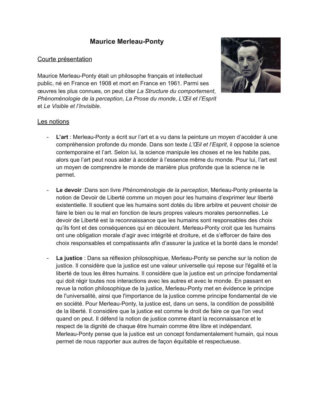 Prévisualisation du document Fiche de révision : Maurice Merleau Ponty