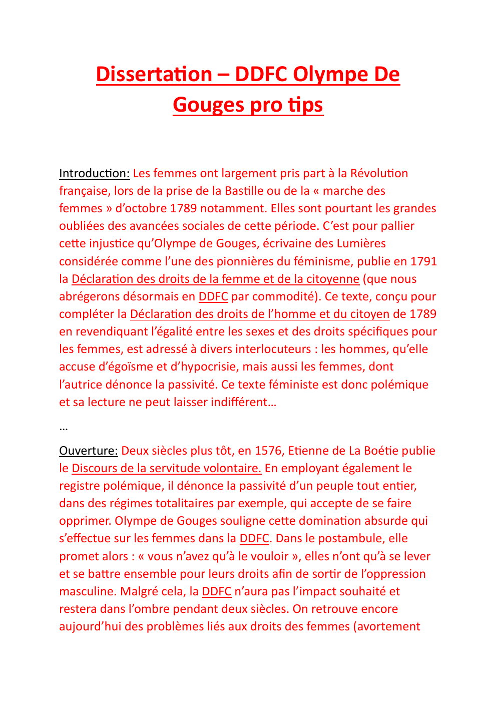 Prévisualisation du document Fiche de révision Olympe de Gouges DDFC Français 1ère