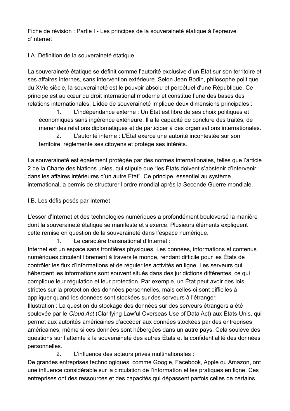 Prévisualisation du document Fiche de révision : Partie I - Les principes de la souveraineté étatique à l’épreuve d’Internet