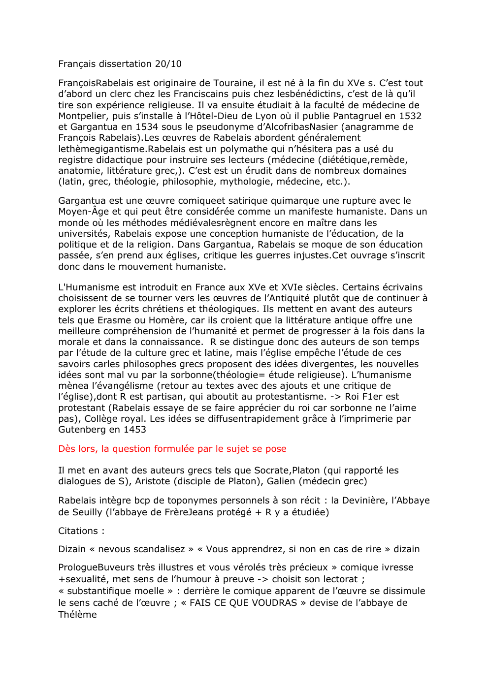 Prévisualisation du document fiche de révision pour dissetation gargantua
