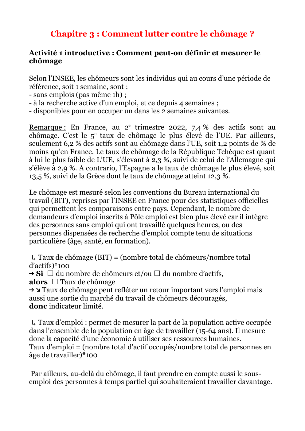 Prévisualisation du document Fiche de révision SES chapitre sur le chômage