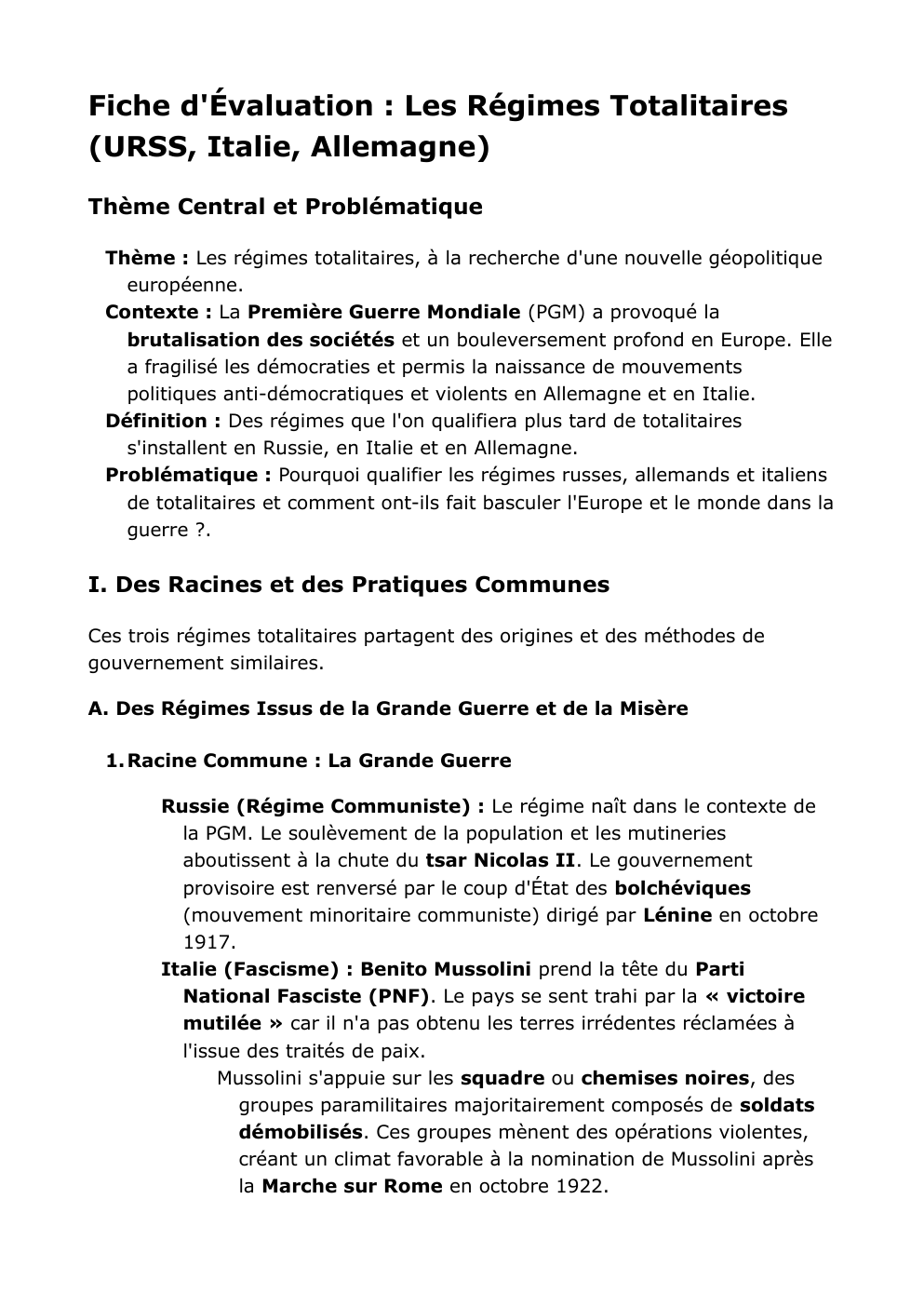 Prévisualisation du document Fiche d'Évaluation : Les Régimes Totalitaires (URSS, Italie, Allemagne)