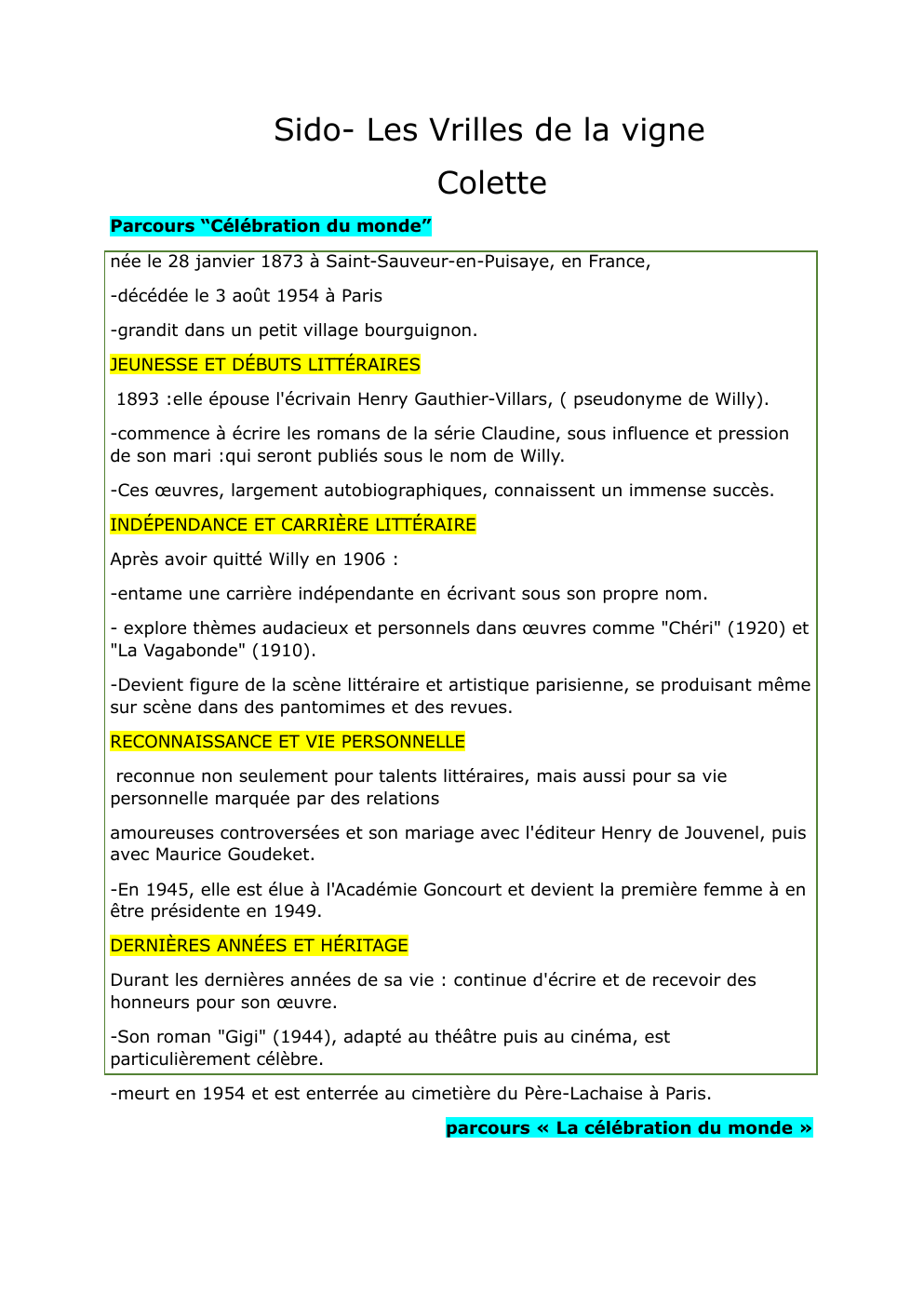Prévisualisation du document fiche dissertation Sido- Les Vrilles de la vigne Colette