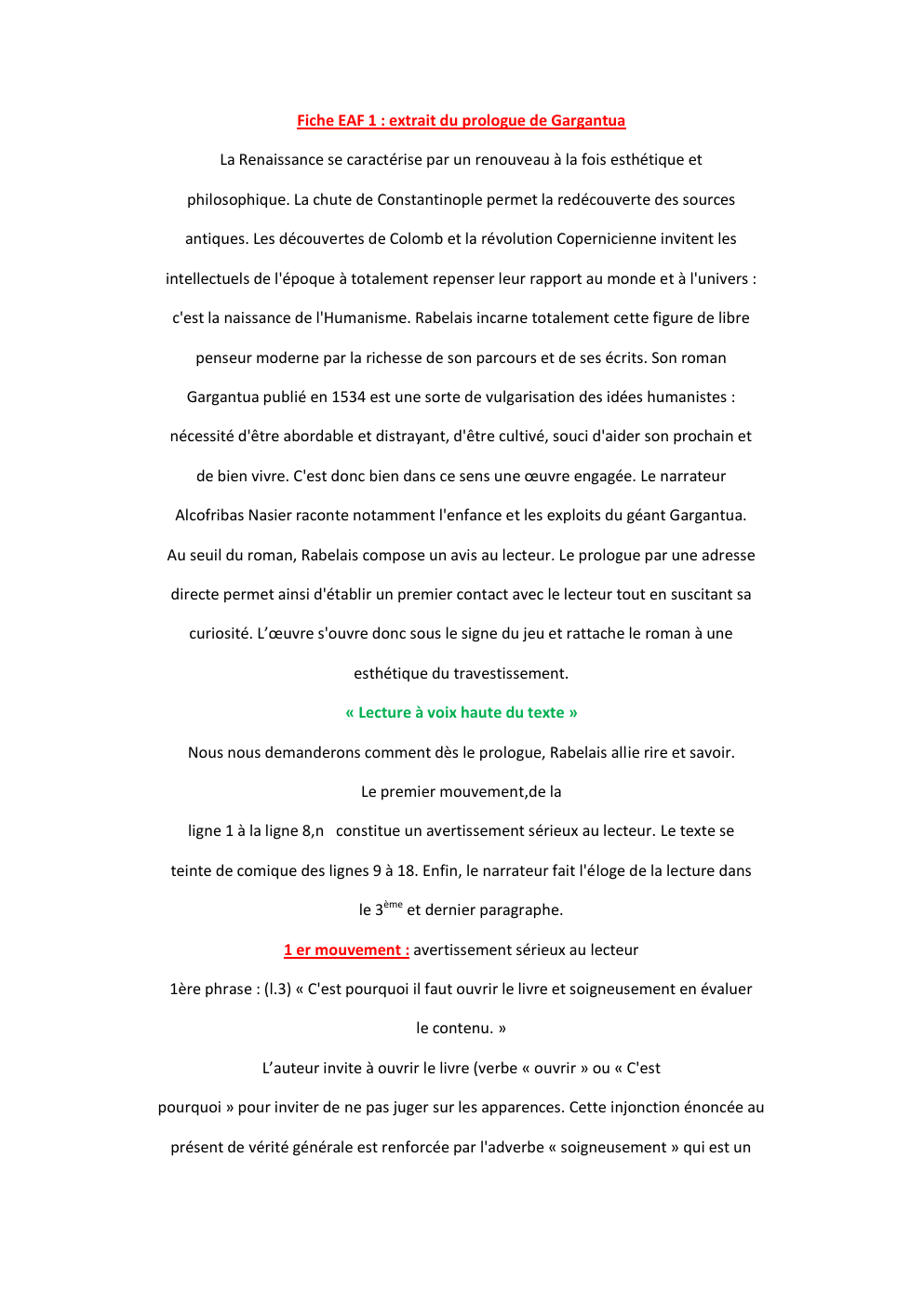 Prévisualisation du document Fiche EAF 1 : extrait du prologue de Gargantua