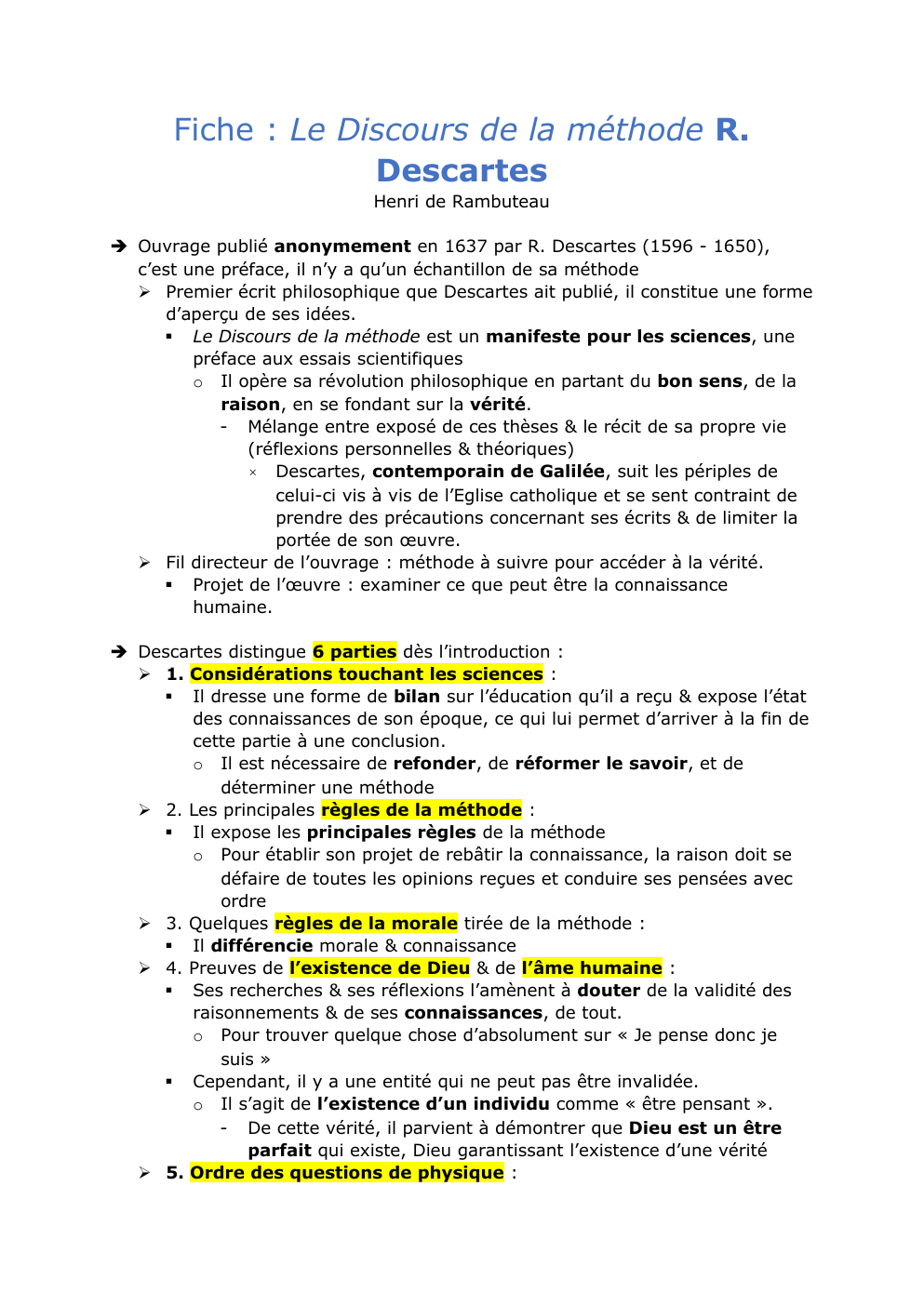 Prévisualisation du document Fiche : Le Discours de la méthode R. Descartes