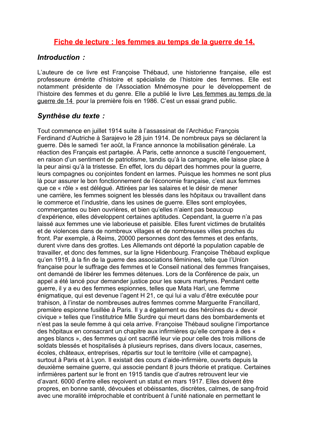 Prévisualisation du document Fiche le lecture Françoise Thébaud Les femmes au temps de la guerre de 14
