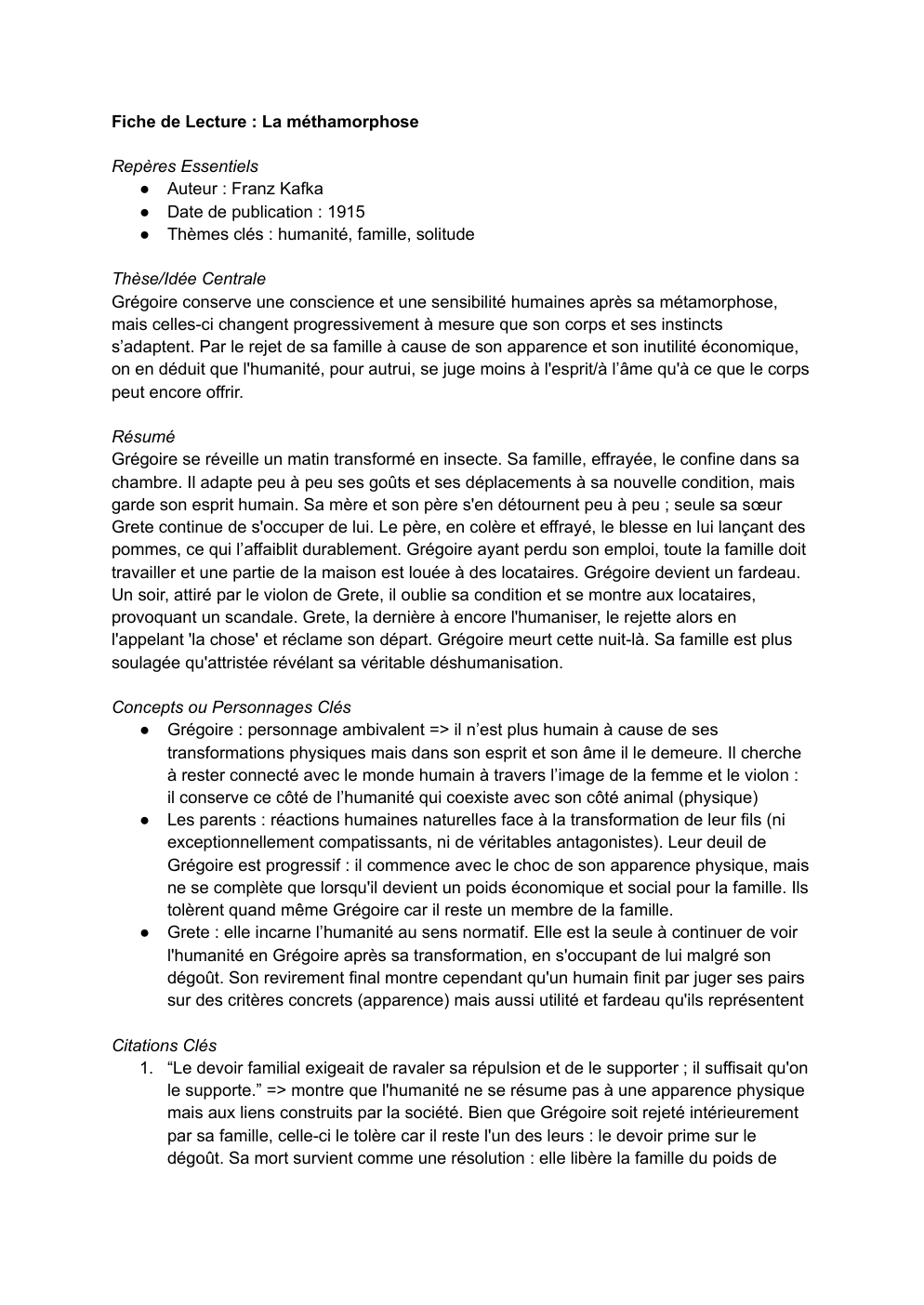 Prévisualisation du document fiche lecture la métamorphose Kafka