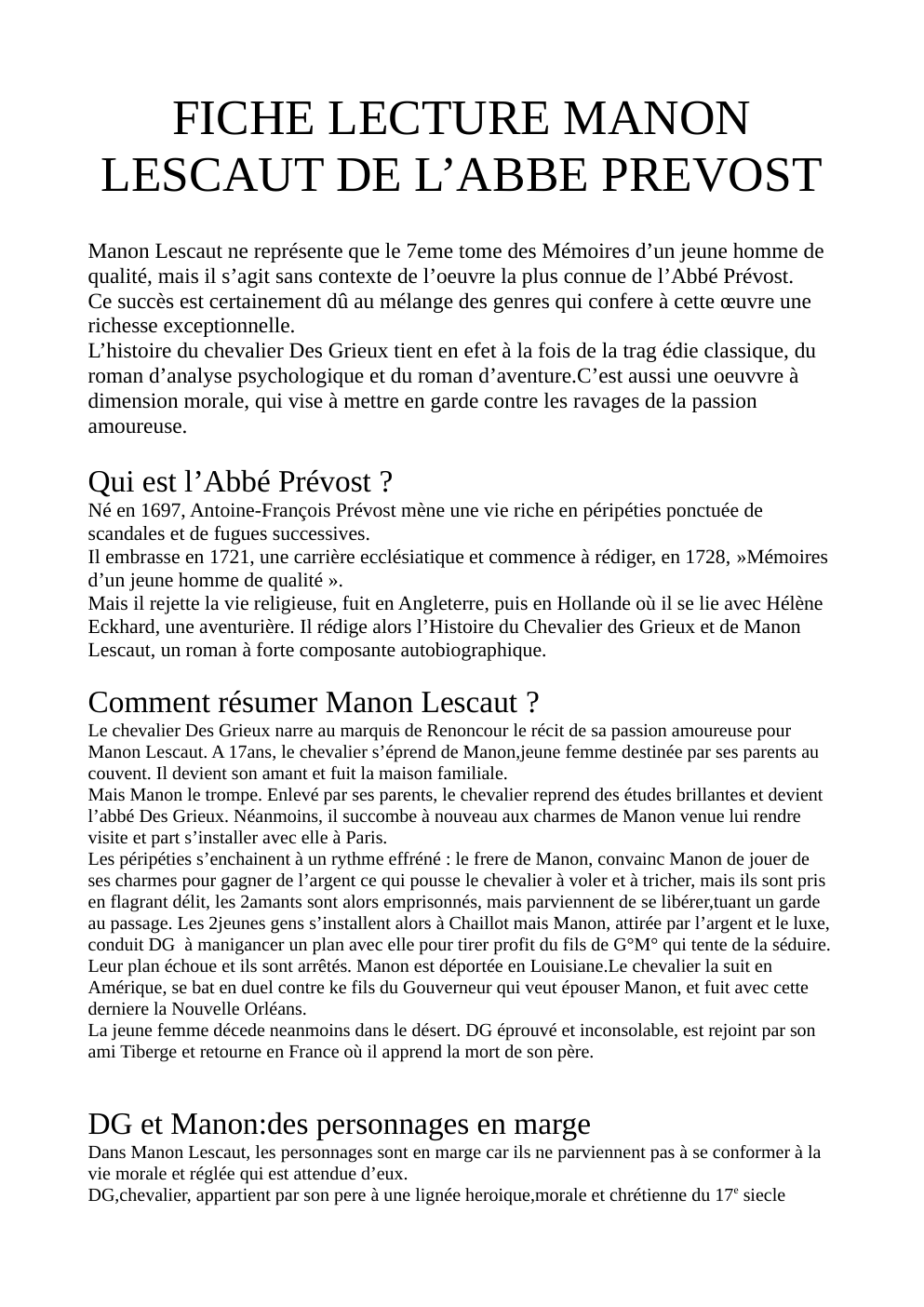 Prévisualisation du document FICHE LECTURE MANON LESCAUT DE L’ABBE PREVOST