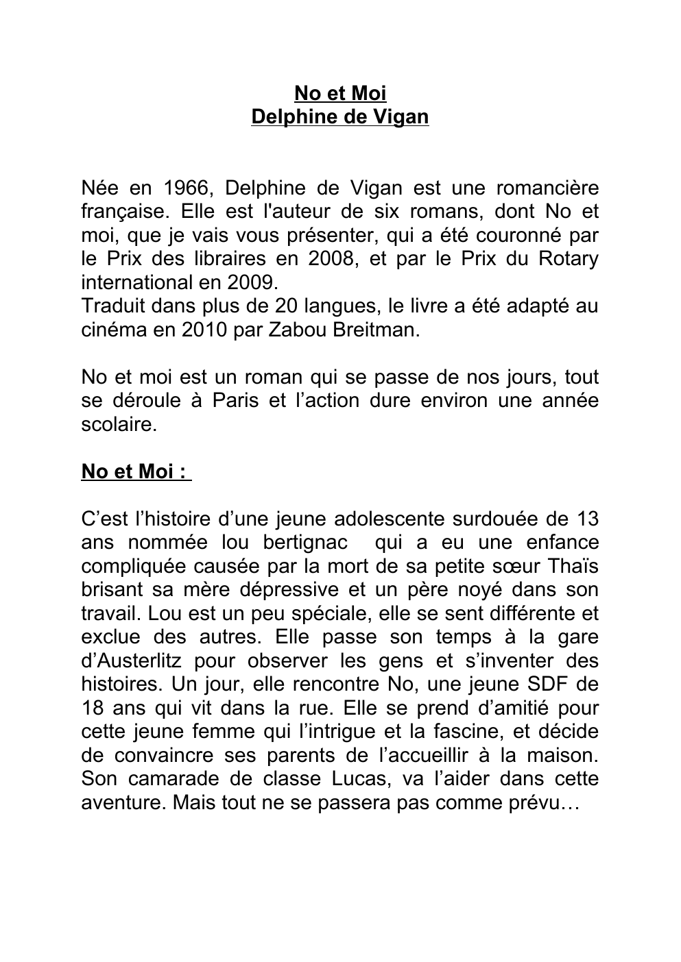 Prévisualisation du document Fiche lecture No et Moi de Delphine De Vigan