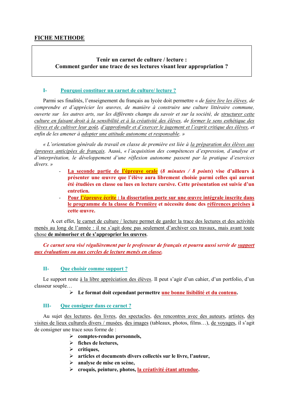 Prévisualisation du document FICHE METHODE:  Tenir un carnet de culture / lecture