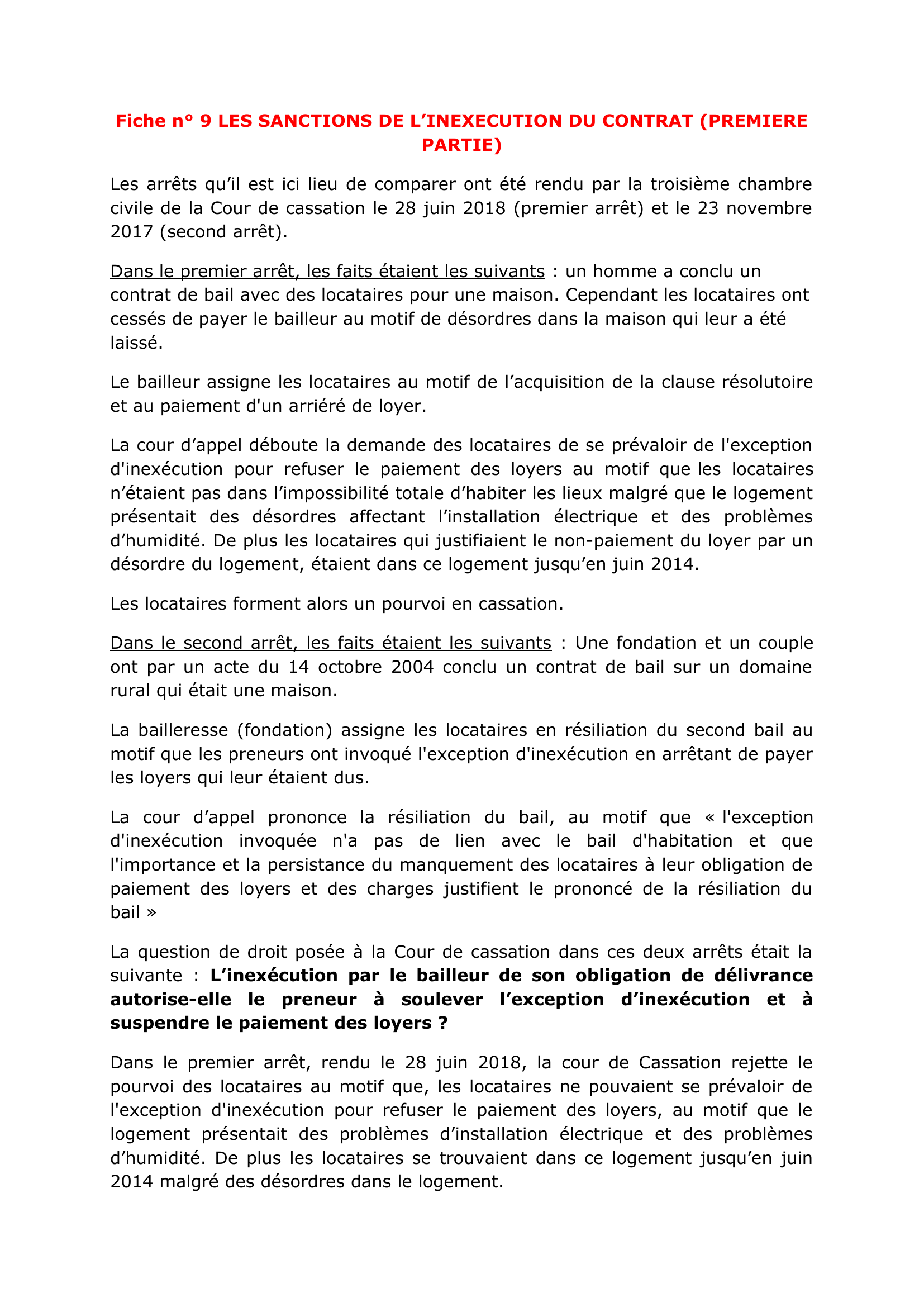 Prévisualisation du document Fiche n° 9 LES SANCTIONS DE L’INEXECUTION DU CONTRAT (PREMIERE PARTIE)