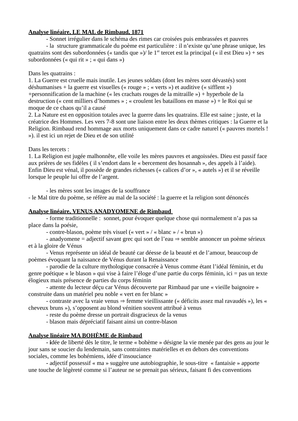 Prévisualisation du document fiche oral Analyse linéaire, LE MAL de Rimbaud, 1871, etc