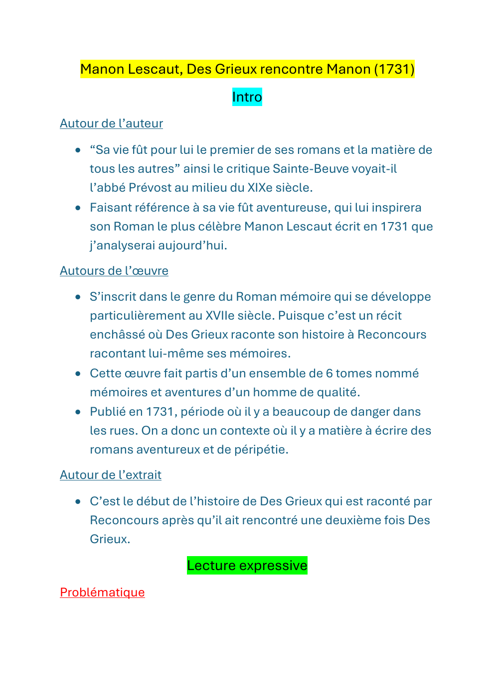 Prévisualisation du document Fiche Oral bac de Français Manon Lescaut: Desgrieux rencontre Manon