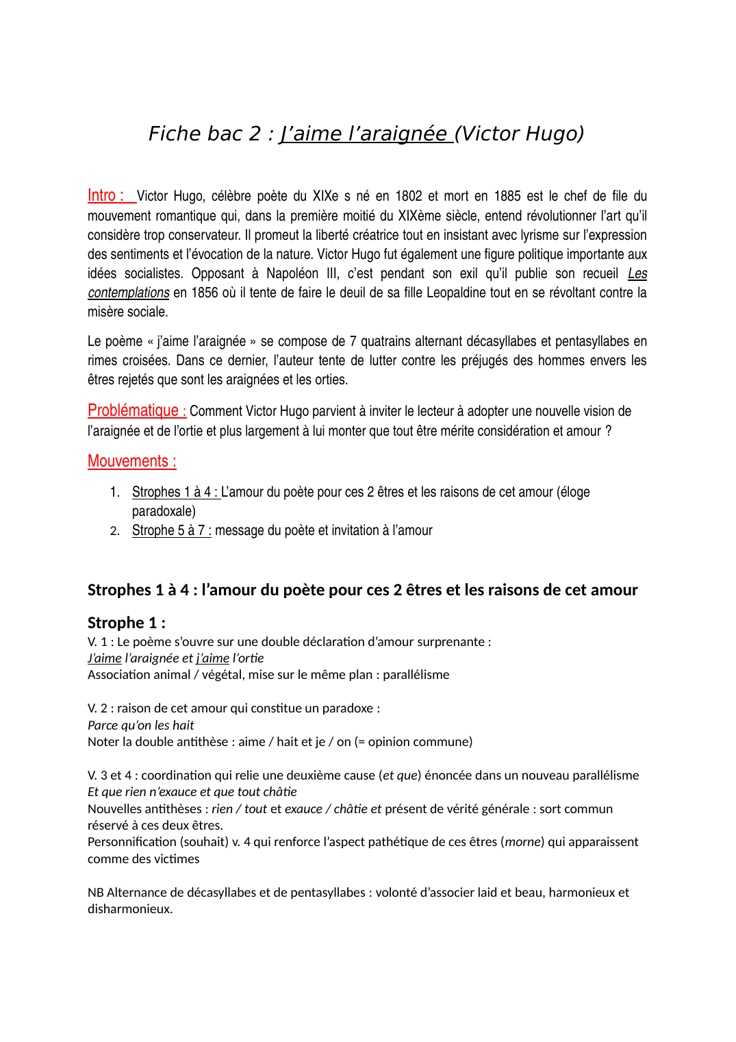 Prévisualisation du document fiche oral bac français "j'aime l'araignée" de victor hugo