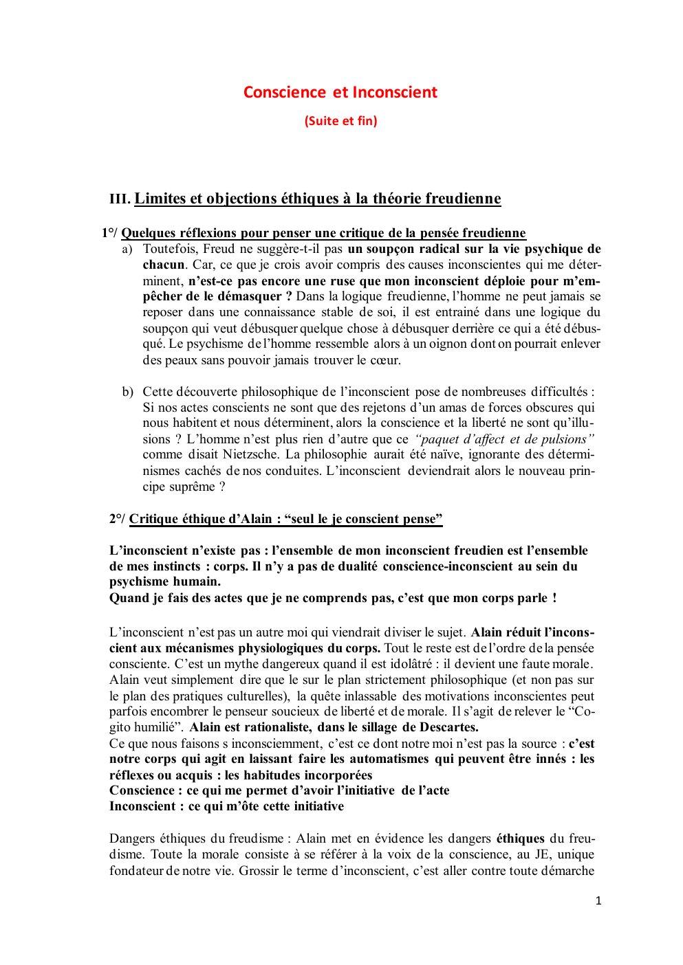 Prévisualisation du document Fiche philo: Conscience et Inconscient (Suite et fin)