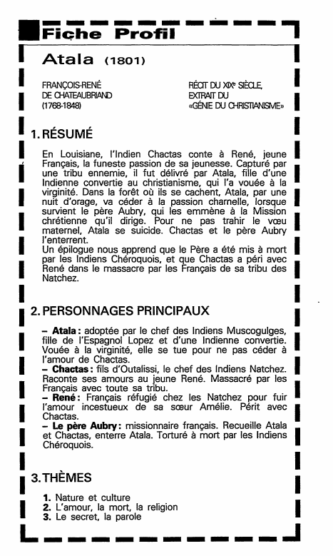 Prévisualisation du document Fic:;he Profil
■-----------,

1
1
1

1
~
1
1
Œ-lRlSTJANISME»
1
11.RÉSUMÉ
En Louisiane, l'indien Chactas conte
René, jeune...