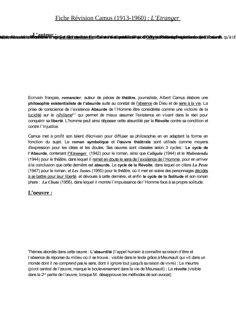 Prévisualisation du document Fiche Révision Albert Camus - L'Étranger