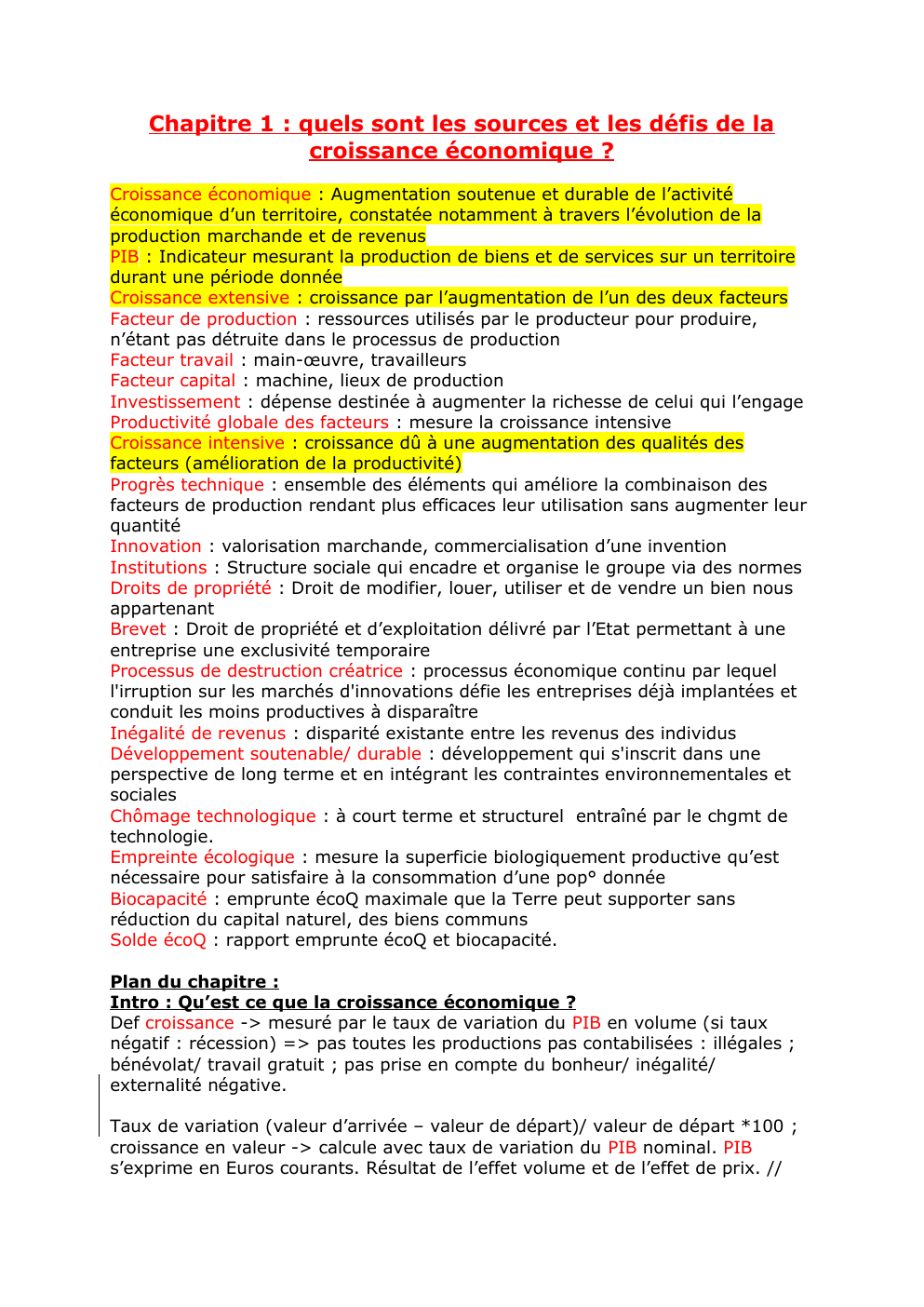 Prévisualisation du document Fiche SES chap 1 - Chapitre 1 : quels sont les sources et les défis de la croissance économique ?