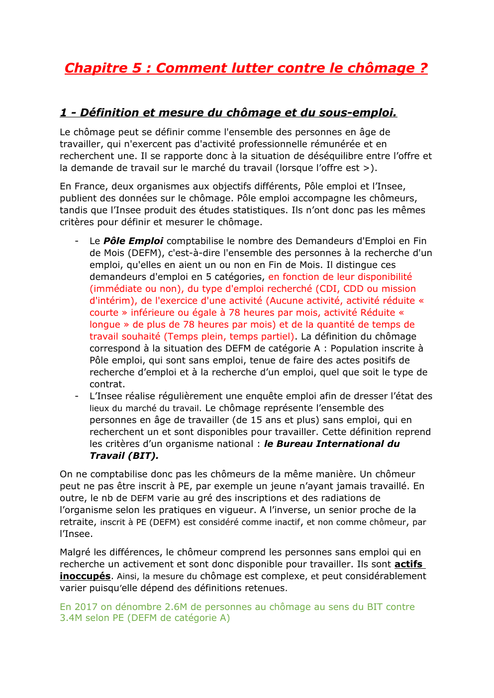 Prévisualisation du document Fiche ses: Chapitre 5 : Comment lutter contre le chômage ? 1 - Définition et mesure du chômage et du sous-emploi.