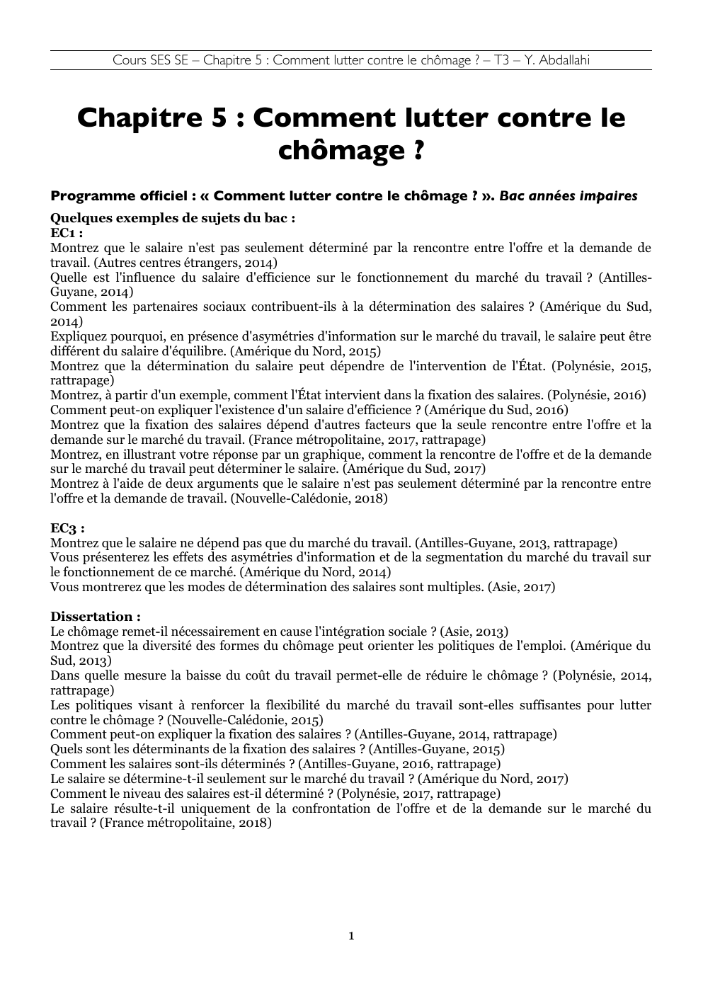 Prévisualisation du document Fiche ses: Cours SES SE – Chapitre 5 : Comment lutter contre le chômage ?